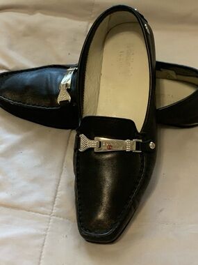 Baldinini Black Leather Slip-On Loafers with Silver Hardware. SIZE 40. ITALY.